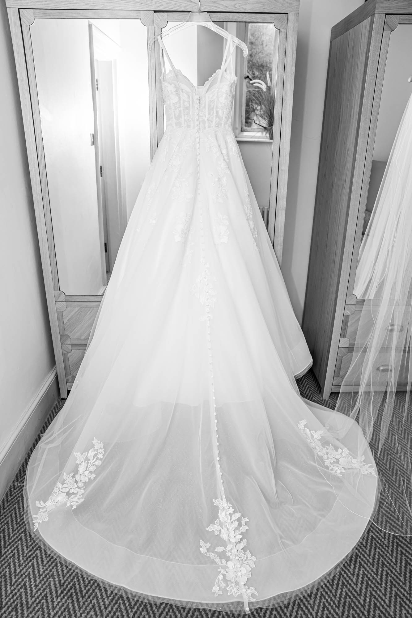 Wedding dress hung up