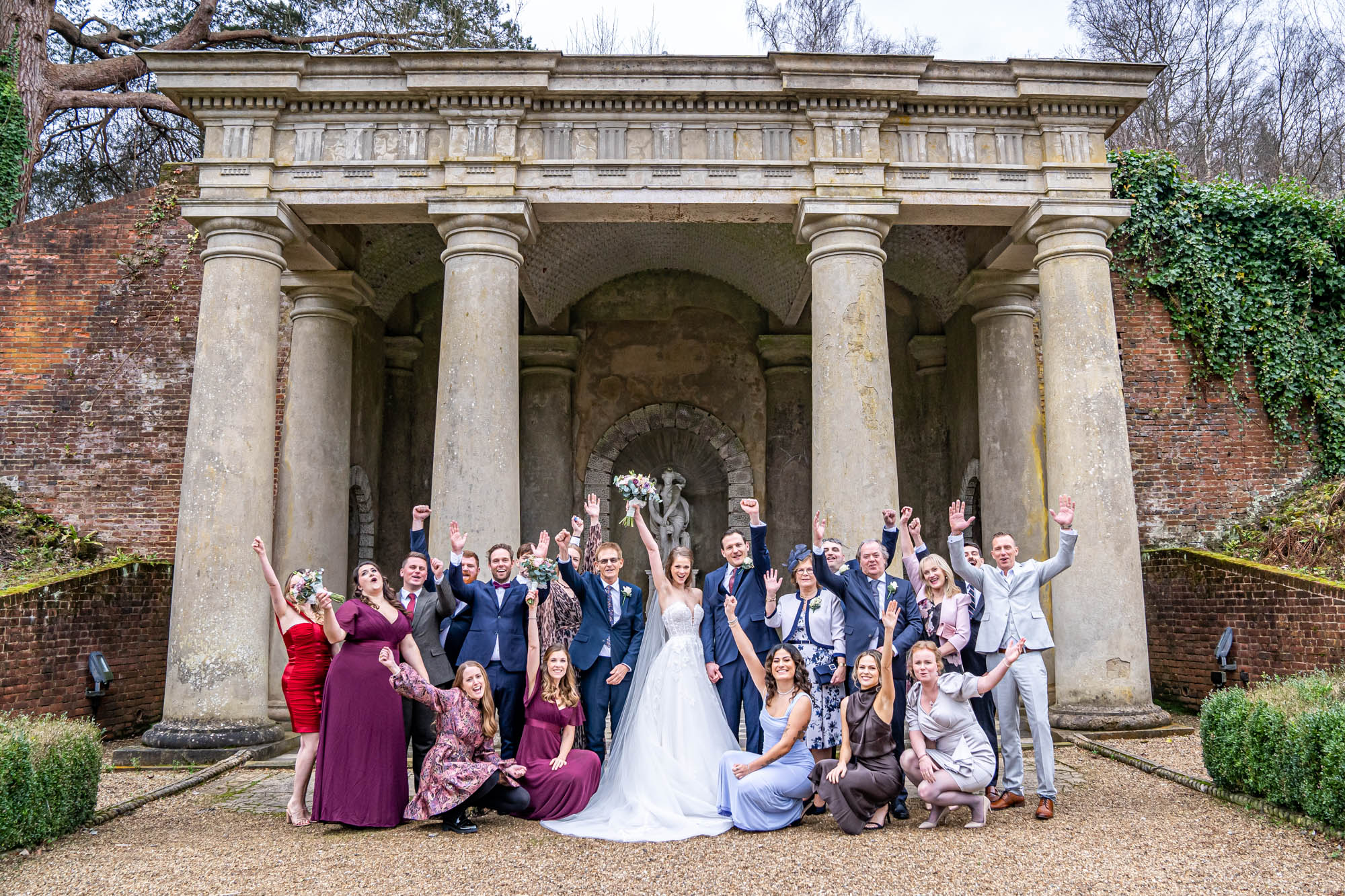 Newlyweds with their family and friends.