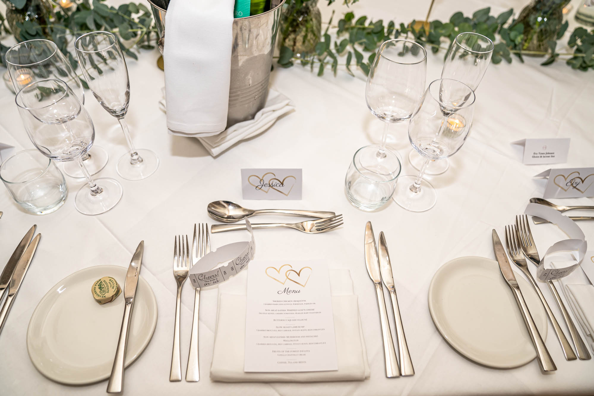 Table settings, menu and Floral display.